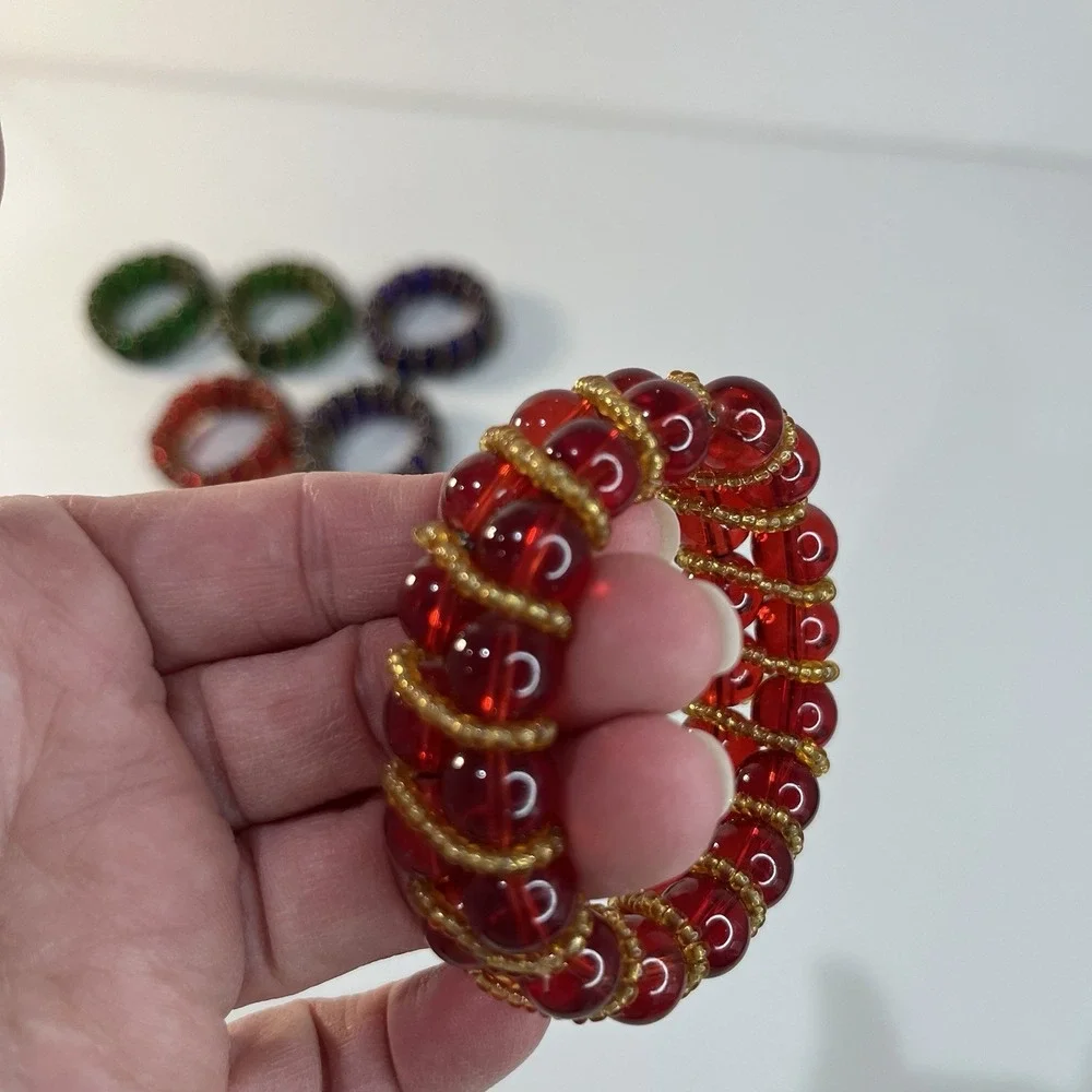 Pier 1 Imports‎ Glass Beaded Napkin Rings Holders 6 Red Blue Green Gold Decor